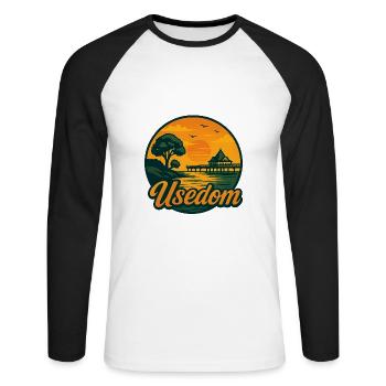 Vacances à Usedom – Motif de la mer Baltique avec facteur culte - T-shirt baseball manches longues Homme - blanc/noir - Devant - Nik (191cm)