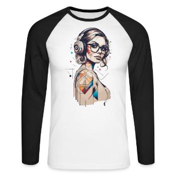 Farbspiel der Geometrie Porträt moderner Frau - Unisex Baseballshirt langarm - Weiß/Schwarz - Vorne - Nik (191cm)