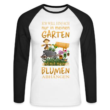 Ich will einfach nur in meinen Garten - Unisex Baseballshirt langarm - Weiß/Schwarz - Vorne - Nik (191cm)
