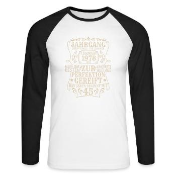 Geburtstagsgeschenk Geboren 1978 45 Jahre - Unisex Baseballshirt langarm - Weiß/Schwarz - Vorne - Nik (191cm)