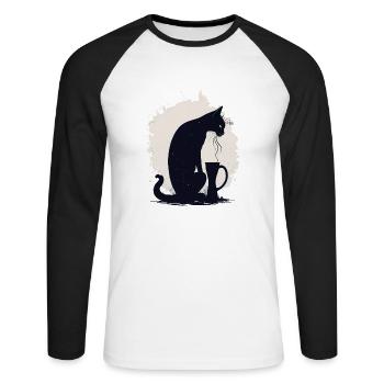 Chat noir avec tasse de café - T-shirt baseball manches longues Homme - blanc/noir - Devant - Nik (191cm)