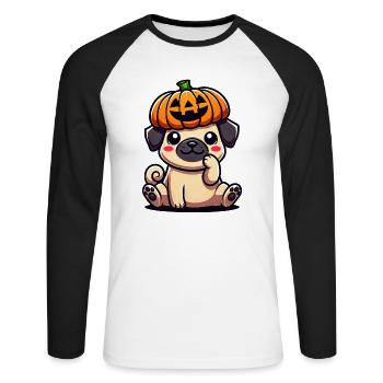 Halloween Citrouille Mignon Carlin Dessin animé Chien Octobre - T-shirt baseball manches longues Homme - blanc/noir - Devant - Nik (191cm)
