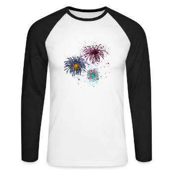 Feux d’artifice,Fusées,Étoiles,Réveillon du Nouvel An,Coloré - T-shirt baseball manches longues Homme - blanc/noir - Devant - Nik (191cm)