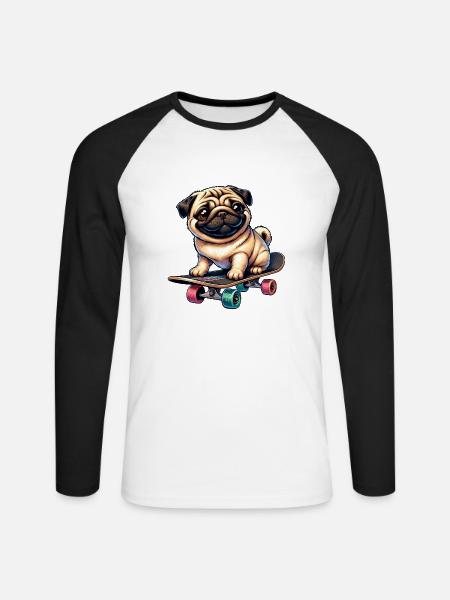 Skateboard Mops, Hund Skateboarder - Unisex Baseballshirt langarm - Weiß/Schwarz