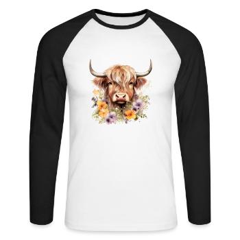 Nature's Grace: Highland Cow Illustrationen für alle - Unisex Baseballshirt langarm - Weiß/Schwarz - Vorne - Nik (191cm)
