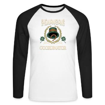 Coordinateur des manigances Saint-Patrick 2025 - T-shirt baseball manches longues Homme - blanc/noir - Devant - Nik (191cm)
