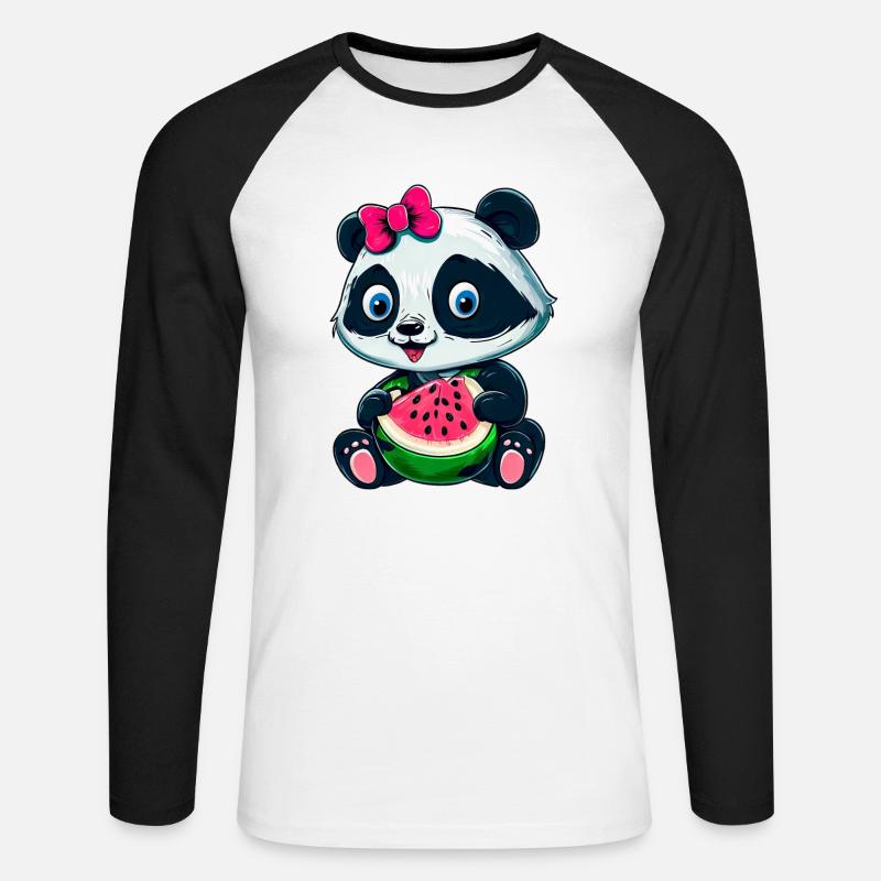 Süßes Panda-Mädchen mit Wassermelone - Unisex Baseballshirt langarm - Weiß/Schwarz
