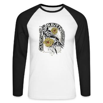 Rabe und Pfingstrosen - Handgezeichnet - Lesen - Unisex Baseballshirt langarm - Weiß/Schwarz - Vorne - Nik (191cm)
