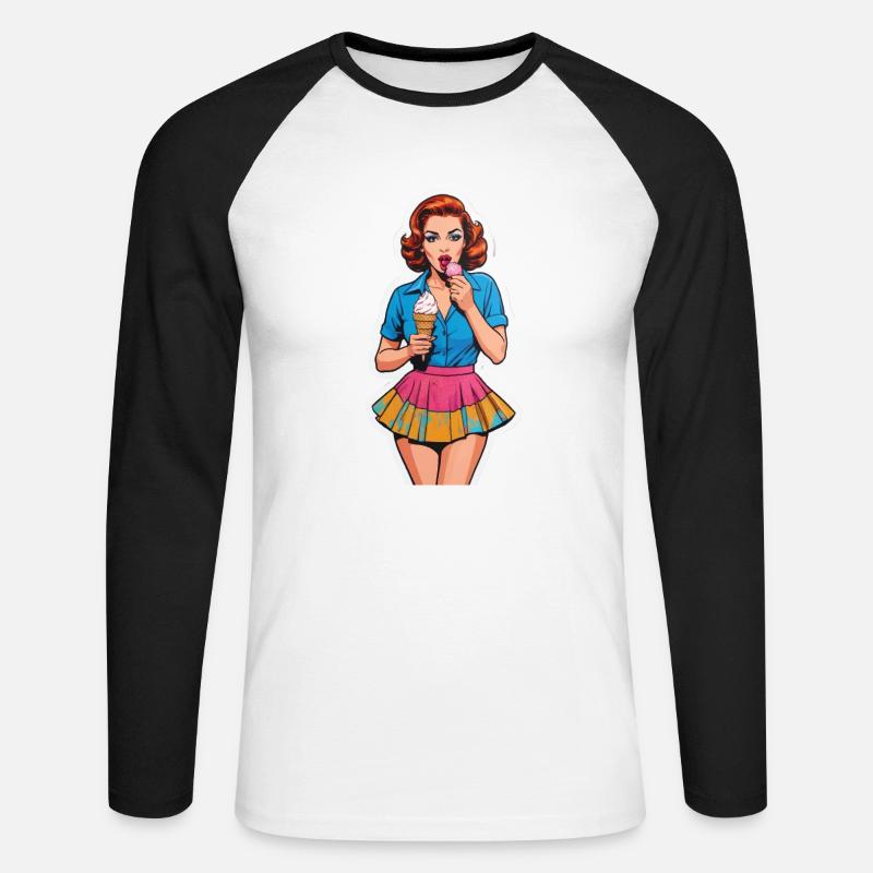 Retro Mädchen Eis essen - Unisex Baseballshirt langarm - Weiß/Schwarz