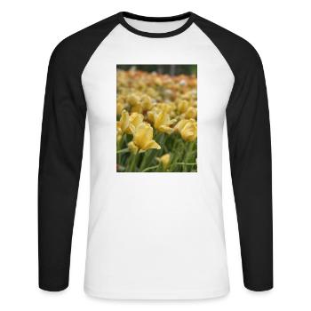 Tulpenmeer gelb - Unisex Baseballshirt langarm - Weiß/Schwarz - Vorne - Nik (191cm)