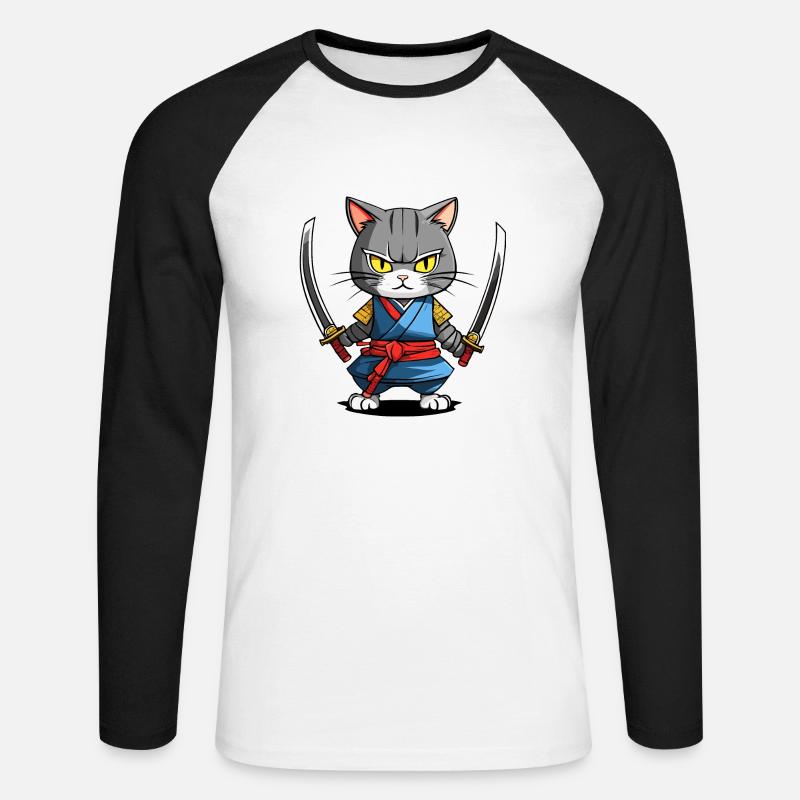 Samurai-Katze #39 - Unisex Baseballshirt langarm - Weiß/Schwarz