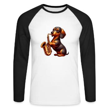 Dackel Saxofonist Jazz Hund Musik - Unisex Baseballshirt langarm - Weiß/Schwarz - Vorne - Nik (191cm)