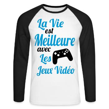 La vie est meilleure avec les Jeux Vidéo - Cadeau - T-shirt baseball manches longues Homme - blanc/noir - Devant - Nik (191cm)