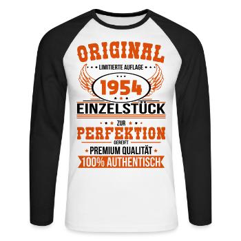 70. Geburtstag - Original 1954 Einzelstück - Unisex Baseballshirt langarm - Weiß/Schwarz - Vorne - Nik (191cm)
