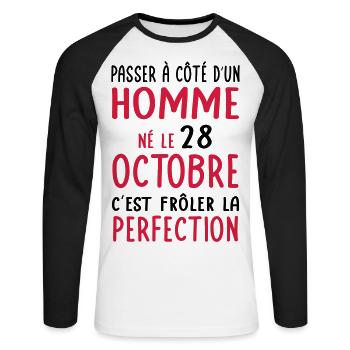 Anniversaire - Né 28 Octobre Frôler perfection - T-shirt baseball manches longues Homme - blanc/noir - Devant - Nik (191cm)