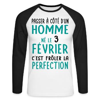 Anniversaire - Né le 3 Février Frôler perfection - T-shirt baseball manches longues Homme - blanc/noir - Devant - Nik (191cm)
