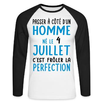 Anniversaire - Né le 4 Juillet Frôler perfection - T-shirt baseball manches longues Homme - blanc/noir - Devant - Nik (191cm)