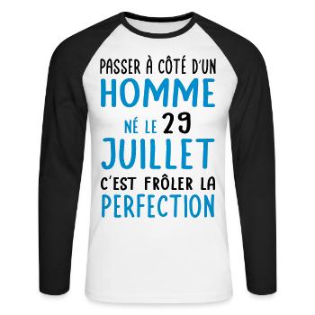 Anniversaire - Né le 29 Juillet Frôler perfection - T-shirt baseball manches longues Homme - blanc/noir - Devant - Nik (191cm)
