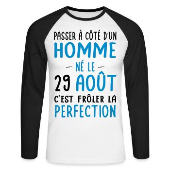 Anniversaire - Né le 29 Août Frôler perfection - T-shirt baseball manches longues Homme - blanc/noir - Devant - Nik (191cm)