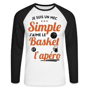 Mec simple aime le basket et l'apéro - T-shirt baseball manches longues Homme - blanc/noir - Devant - Nik (191cm)