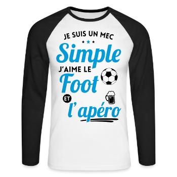 Je suis un mec simple j'aime le foot et l'apéro - T-shirt baseball manches longues Homme - blanc/noir - Devant - Nik (191cm)