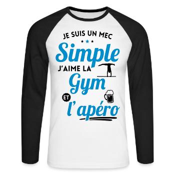 Idée cadeau - Mec simple j'aime la gym et l'apéro - T-shirt baseball manches longues Homme - blanc/noir - Devant - Nik (191cm)