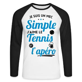 Je suis un mec simple j'aime le tennis et l'apéro - T-shirt baseball manches longues Homme - blanc/noir - Devant - Nik (191cm)
