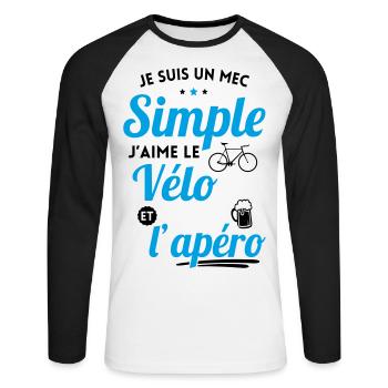 Je suis un mec simple j'aime le vélo et l'apéro - T-shirt baseball manches longues Homme - blanc/noir - Devant - Nik (191cm)