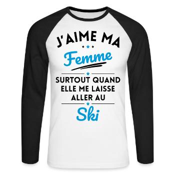 J'aime ma femme quand me laisse aller au Ski - T-shirt baseball manches longues Homme - blanc/noir - Devant - Nik (191cm)