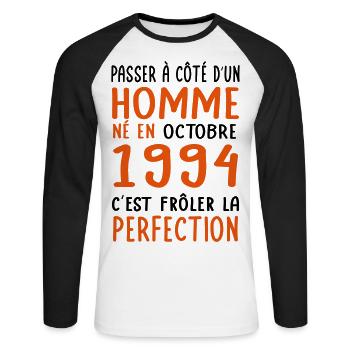 30th Birthday - Born in October 1994 - Unisex Long Sleeve Baseball T-Shirt - white/black - Front - Nik (191cm)