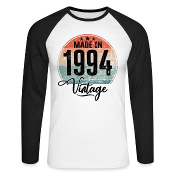 Vintage Made in 1994 Geburtsjahr 1994 Geburtstag - Unisex Baseballshirt langarm - Weiß/Schwarz - Vorne - Nik (191cm)