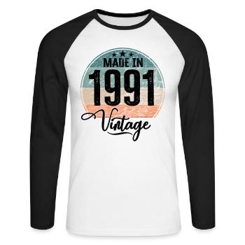Vintage Made in 1991 Geburtsjahr 1991 Geburtstag - Unisex Baseballshirt langarm - Weiß/Schwarz - Vorne - Nik (191cm)
