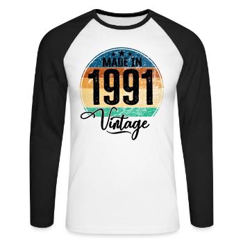 Millésime Fabriqué en 1991 Année de naissance 1991 Anniversaire - T-shirt baseball manches longues Homme - blanc/noir - Devant - Nik (191cm)
