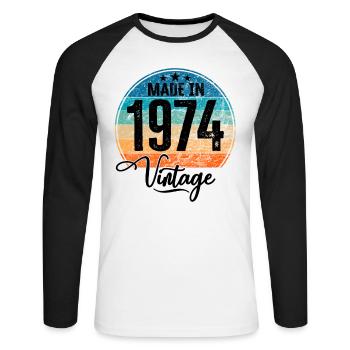 Millésime Fabriqué en 1974 Année de naissance 1974 Anniversaire - T-shirt baseball manches longues Homme - blanc/noir - Devant - Nik (191cm)