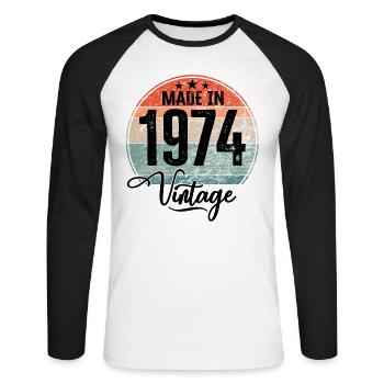 Millésime Fabriqué en 1974 Année de naissance 1974 Anniversaire - T-shirt baseball manches longues Homme - blanc/noir - Devant - Nik (191cm)