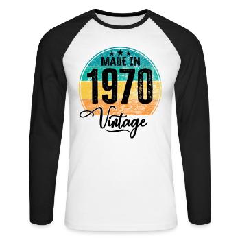 Millésime Fabriqué en 1970 Année de naissance 1970 Anniversaire - T-shirt baseball manches longues Homme - blanc/noir - Devant - Nik (191cm)