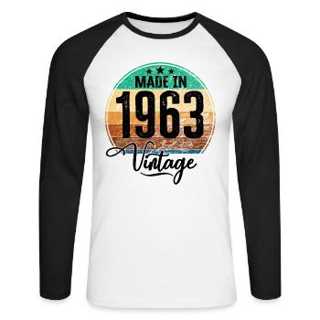 Vintage Made in 1963 Geburtsjahr 1963 Geburtstag - Unisex Baseballshirt langarm - Weiß/Schwarz - Vorne - Nik (191cm)