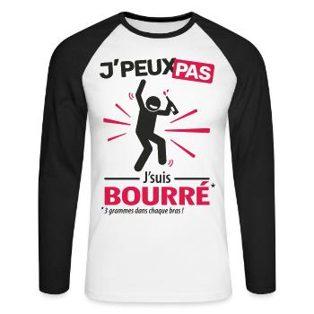 J'peux pas, j'suis bourré (homme) - T-shirt baseball manches longues Homme - blanc/noir - Devant - Nik (191cm)
