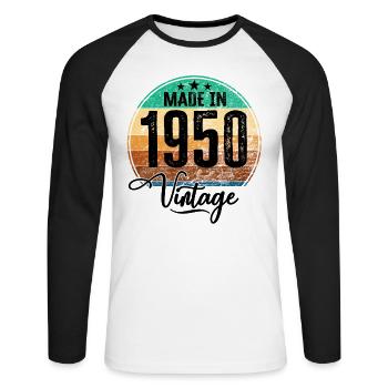 Millésime Fabriqué en 1950 Année de naissance 1950 Anniversaire - T-shirt baseball manches longues Homme - blanc/noir - Devant - Nik (191cm)