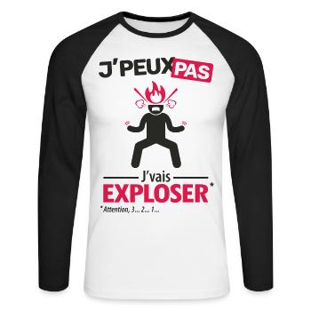 J'peux pas, j'vais exploser ! - T-shirt baseball manches longues Homme - blanc/noir - Devant - Nik (191cm)