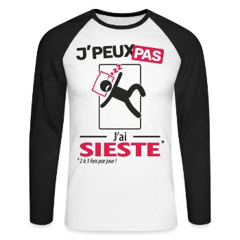 J'peux pas, j'ai sieste - T-shirt baseball manches longues Homme - blanc/noir - Devant - Nik (191cm)