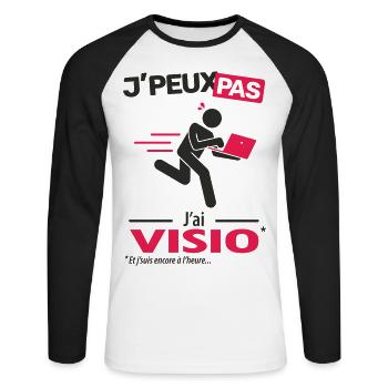 J'peux pas, j'ai visio - T-shirt baseball manches longues Homme - blanc/noir - Devant - Nik (191cm)