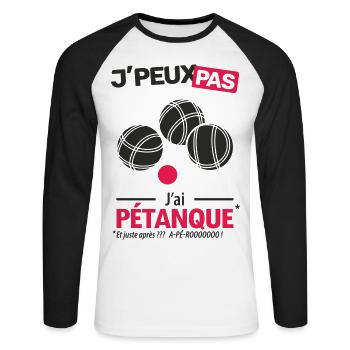 J'peux pas, j'ai pétanque - T-shirt baseball manches longues Homme - blanc/noir - Devant - Nik (191cm)