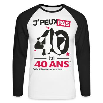 Je peux pas, j'ai 40 ans - T-shirt baseball manches longues Homme - blanc/noir - Devant - Nik (191cm)