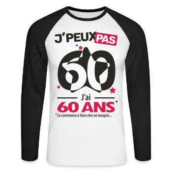 Je peux pas, j'ai 60 ans - T-shirt baseball manches longues Homme - blanc/noir - Devant - Nik (191cm)