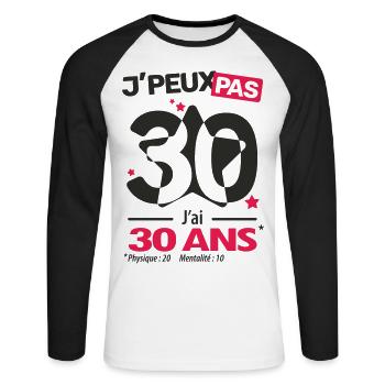 Je peux pas, j'ai 30 ans - T-shirt baseball manches longues Homme - blanc/noir - Devant - Nik (191cm)