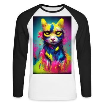 Katze Neonfarben - Unisex Baseballshirt langarm - Weiß/Schwarz - Vorne - Nik (191cm)