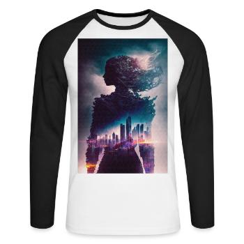 Mrs. Silhouette with Futuristic City Bunt - Unisex Long Sleeve Baseball T-Shirt - white/black - Front - Nik (191cm)
