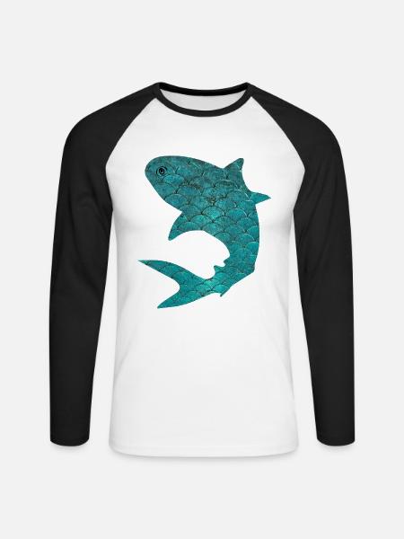Shark // asteikot, kala, hai, valtameri, meri, kynnet - Miesten pitkähihainen baseballpaita - valkoinen/musta