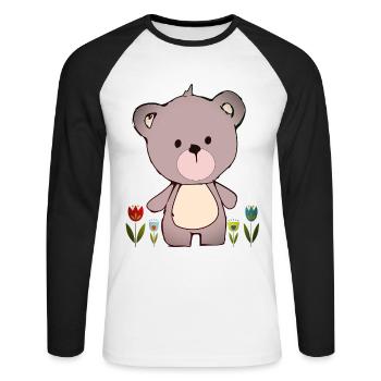 Happy Teddy Bär im Blumenmeer - Unisex Baseballshirt langarm - Weiß/Schwarz - Vorne - Nik (191cm)